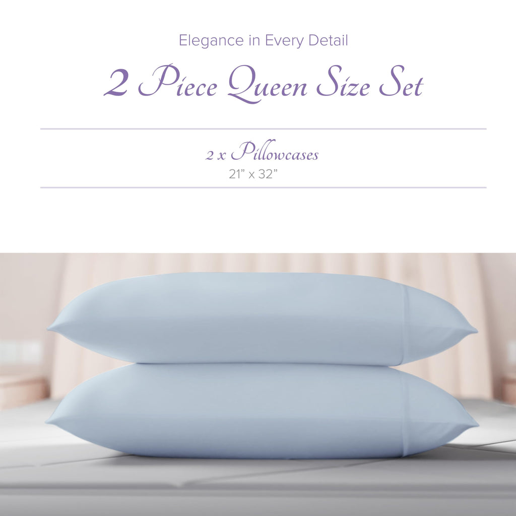 Carressa Linen 100% Egyptian Cotton Pillow Cases Set Of 2-600 Thread Count Light Blue Standard/Queen Pillowcase For Sleeping, So