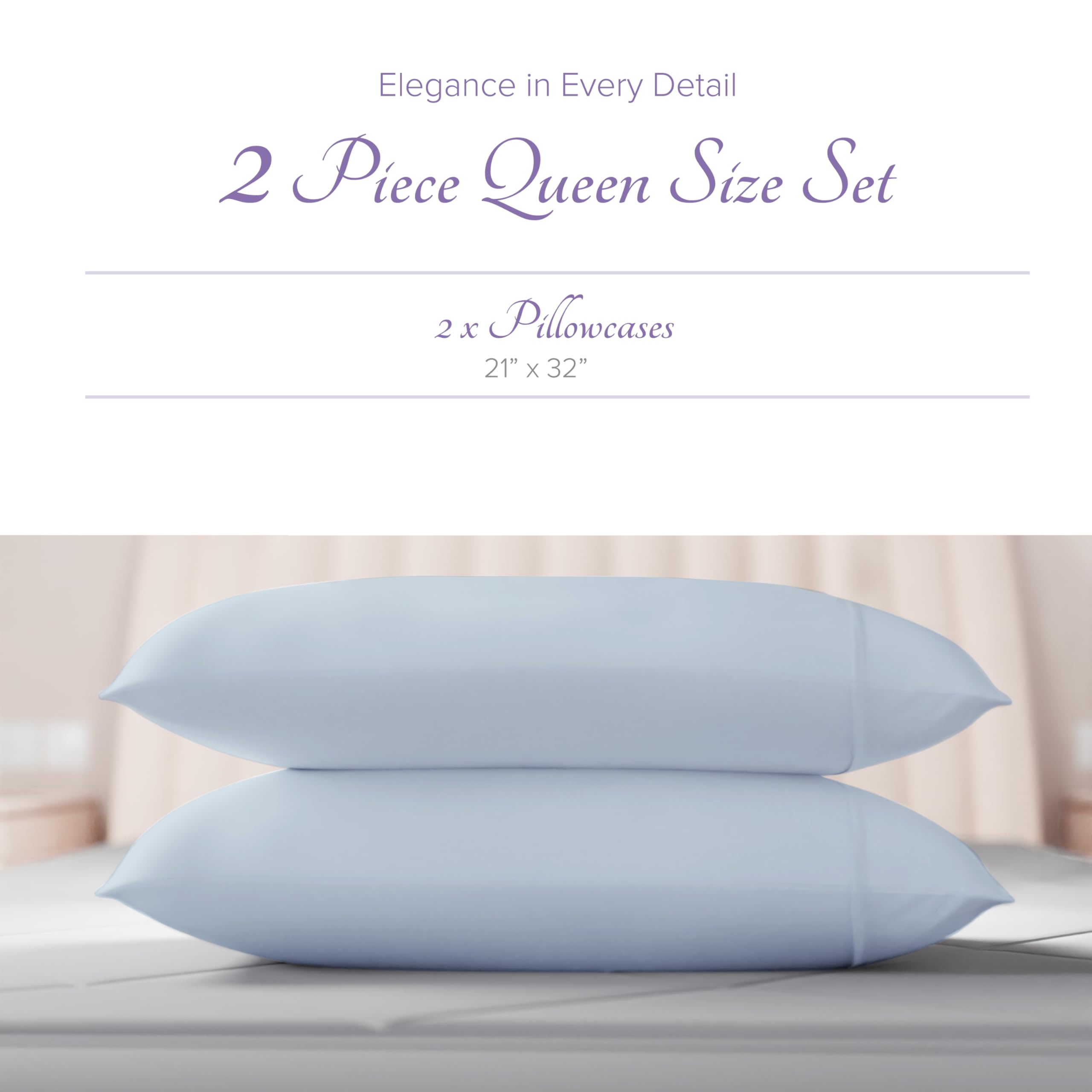 Carressa Linen 100% Egyptian Cotton Pillow Cases Set Of 2-600 Thread Count Light Blue Standard/Queen Pillowcase For Sleeping, So