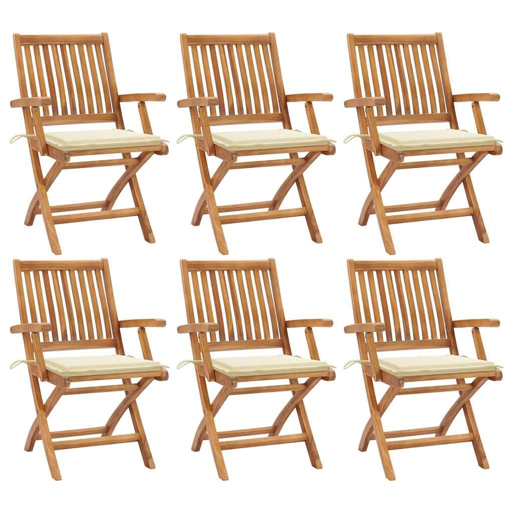 Vidaxl 6 Pcs Patio Chairs With Cream Cushions In Solid Teak Wood - Folding, Weather-Resistant, Outdoor Seating For Patio, Garden, And Deck