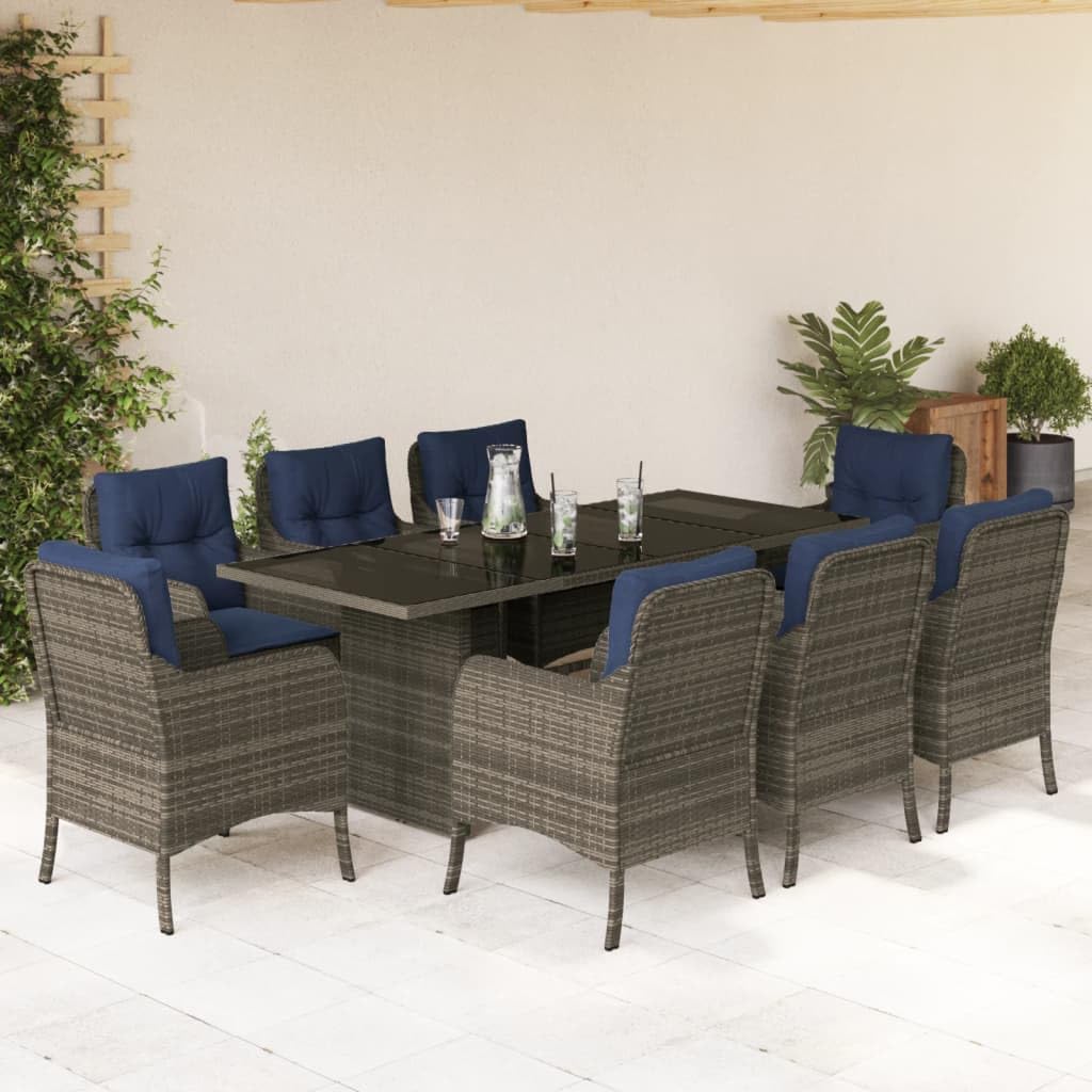 vidaXL 9-Piece Patio Dining Set - Poly Rattan and Tempered Glass Table with Cushions, Gray/Blue, Outdoor/Garden Furniture