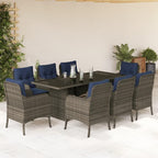 vidaXL 9-Piece Patio Dining Set - Poly Rattan and Tempered Glass Table with Cushions, Gray/Blue, Outdoor/Garden Furniture
