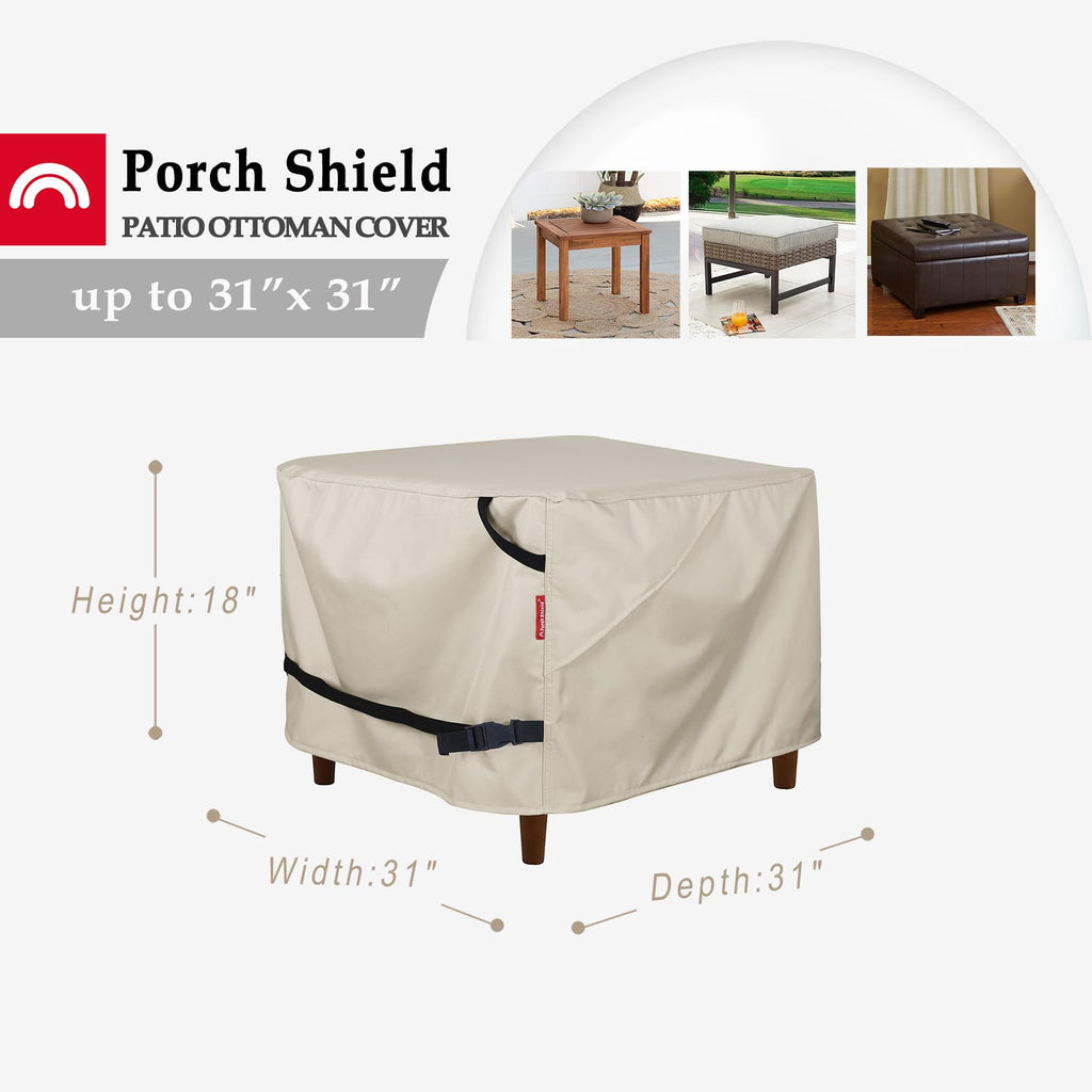 Porch Shield Patio Ottoman Cover - Waterproof Outdoor Square Side Table Covers - 31L X 31W X 18H Inch, Beige
