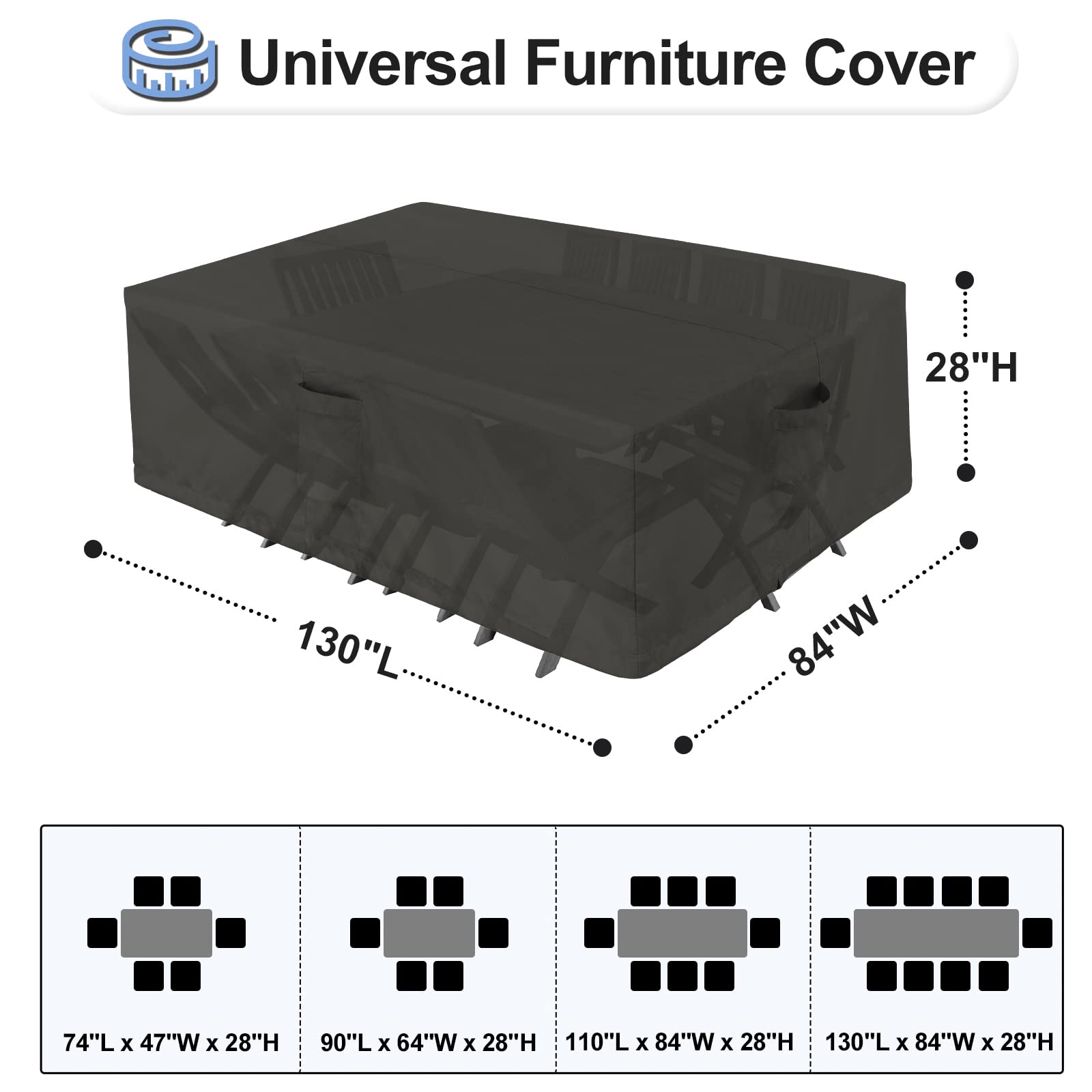 Outdoorlines Outdoor Waterproof Patio Table Furniture Set Covers - Rectangle Couch Sectional Cover Outside Weatherproof Patio Furniture Covering For Deck, Lawn And Backyard 130'L X 84'W X 28'H, Black
