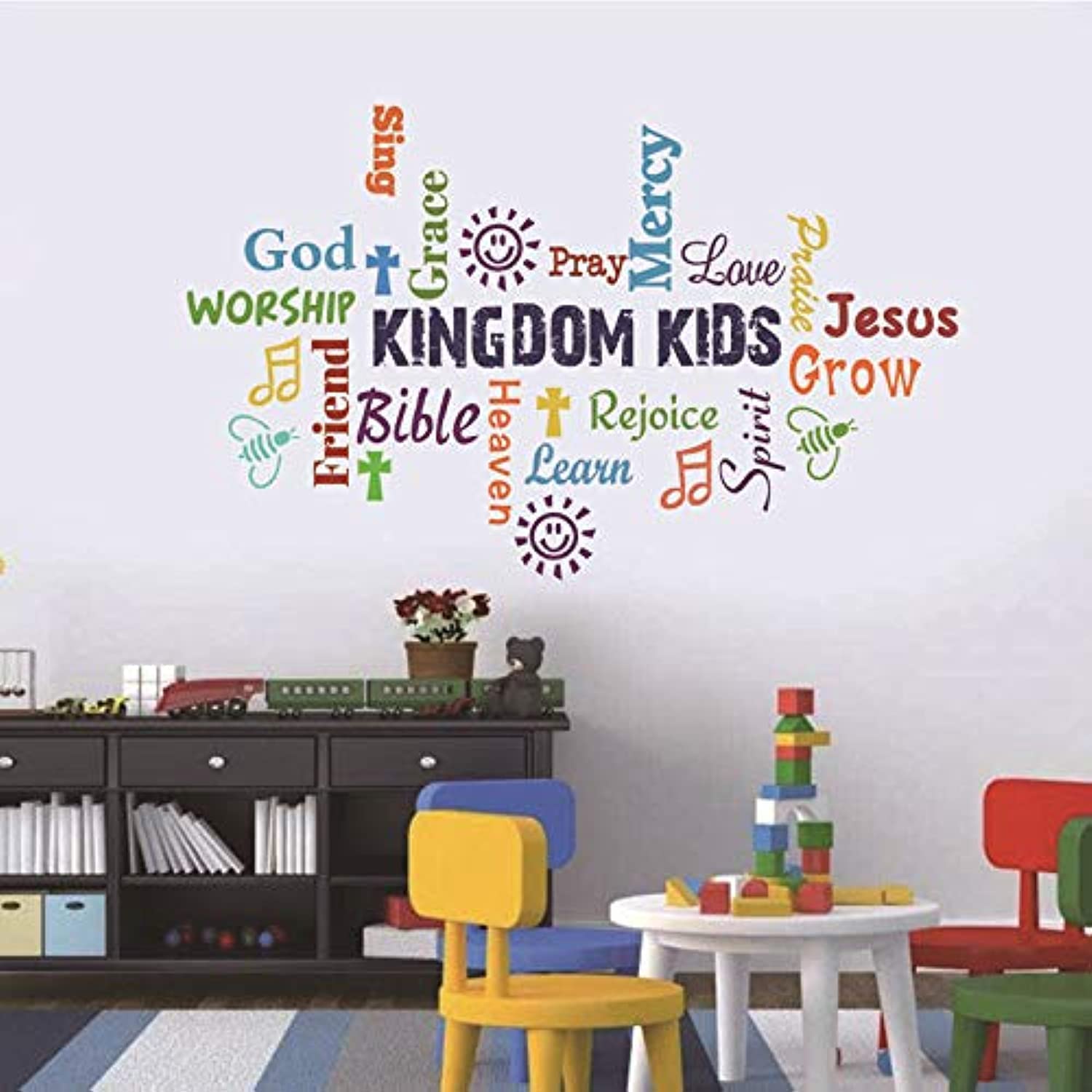 Cozy Decor Vinyl Wall Decal, Kindom Kids Multicolor Sticker, Inspirational Christian Bible Verse Poster for Children Classroom, 