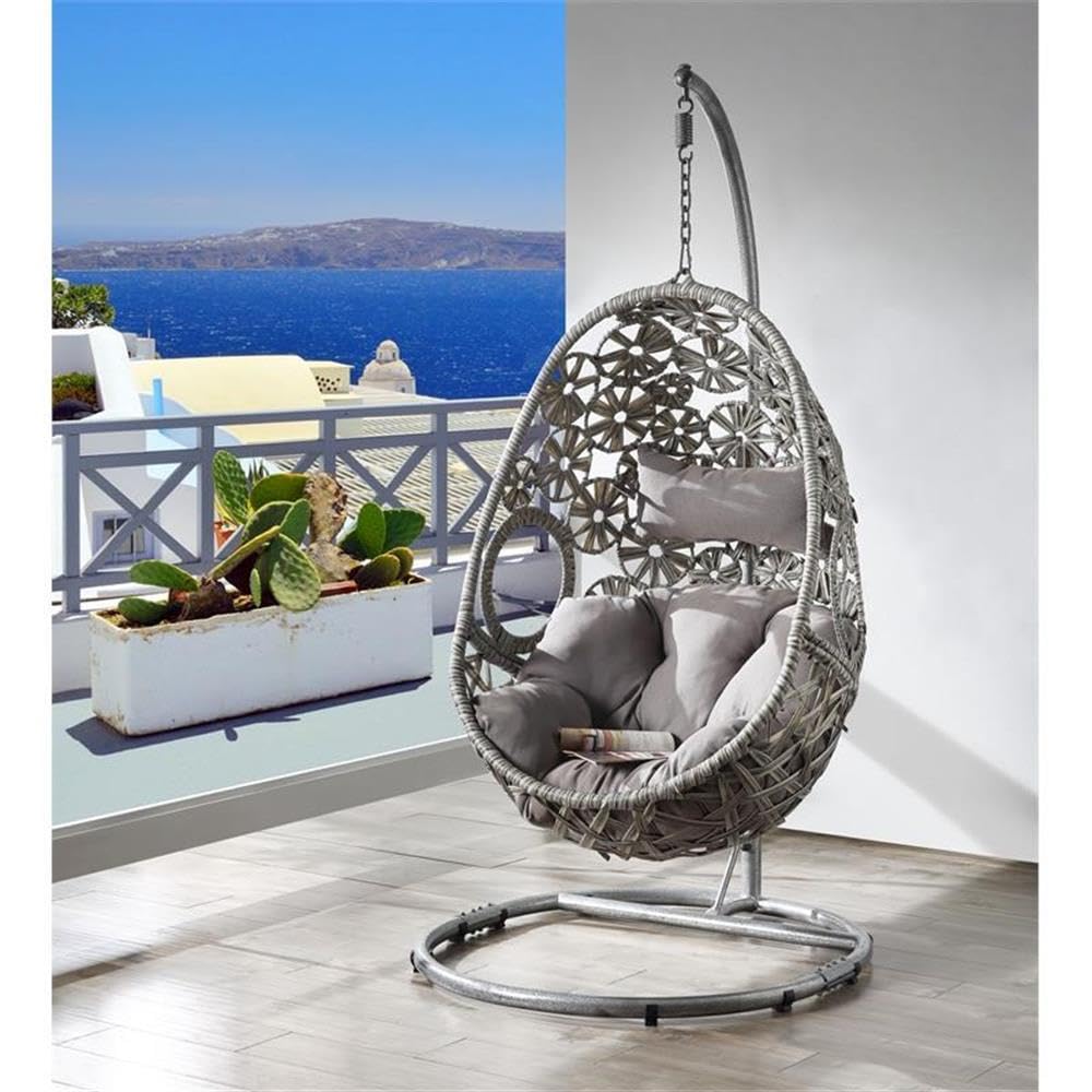ACME Sigar Wicker Patio Hanging Chair with Metal Stand in Light Gray