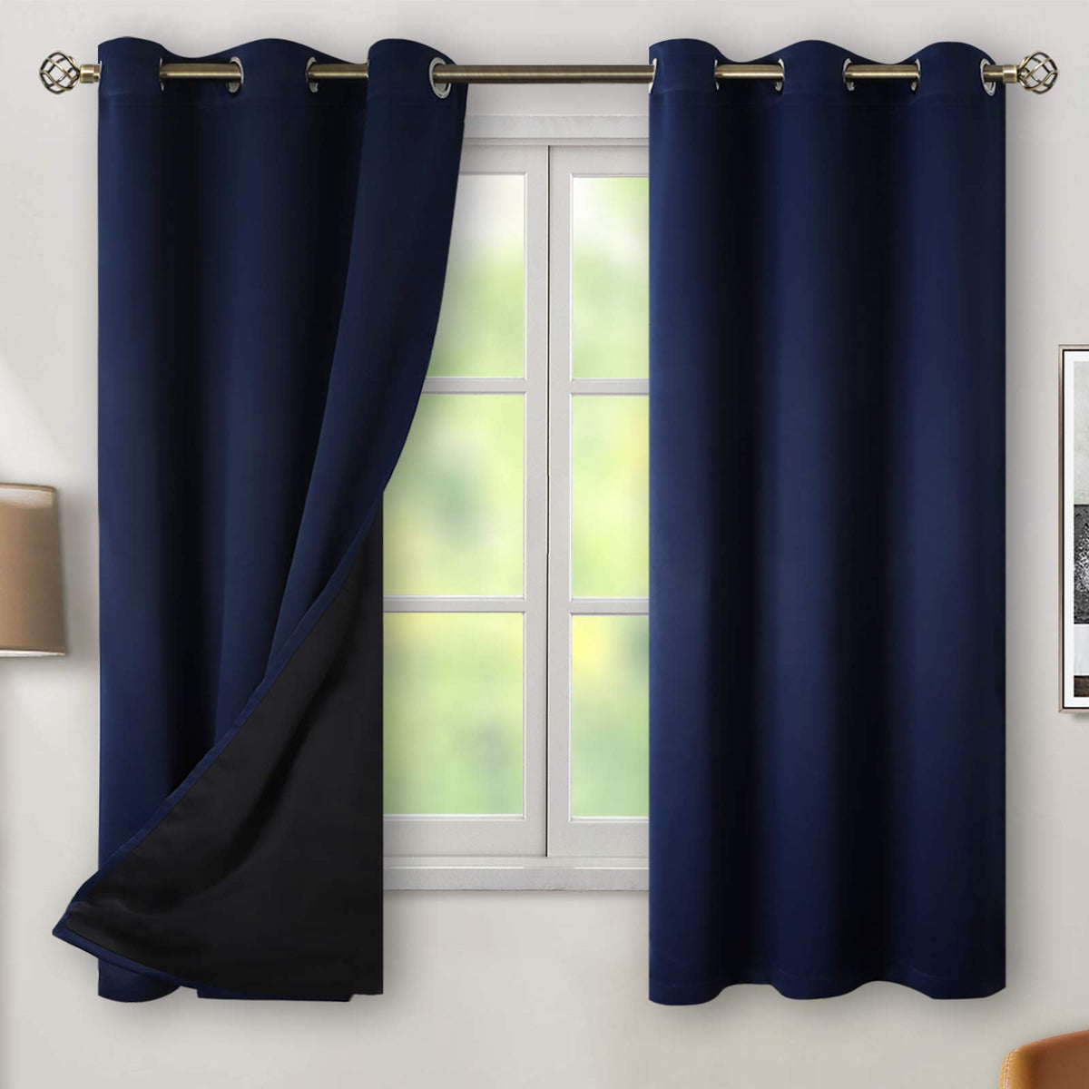Bgment Navy 100% Blackout Curtains For Bedroom 63 Inches Long With Black Liner, Thermal Insulated Double Layer Full Room Darkeni