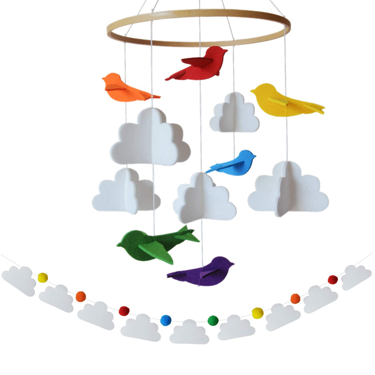 Sorrel + Fern Baby Crib Mobile (Rainbow Birds in The Clouds, w/Garland) - Felt Nursery Ceiling Decoration and Baby Shower for Gi