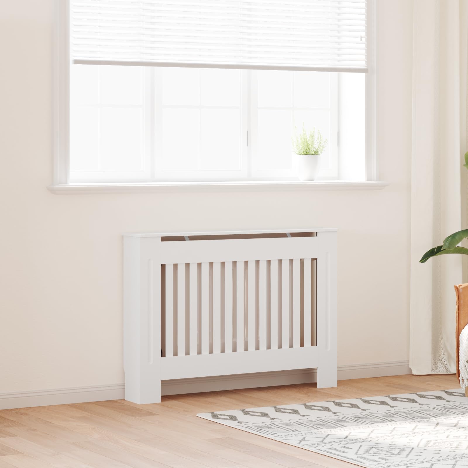 vidaXL Radiator Cover, Slatted Design Heater Cover Cabinet with Top Storage Shelf, Hide Cluttered Pipes, MDF, 44.1''x7.5''x32.1'', White