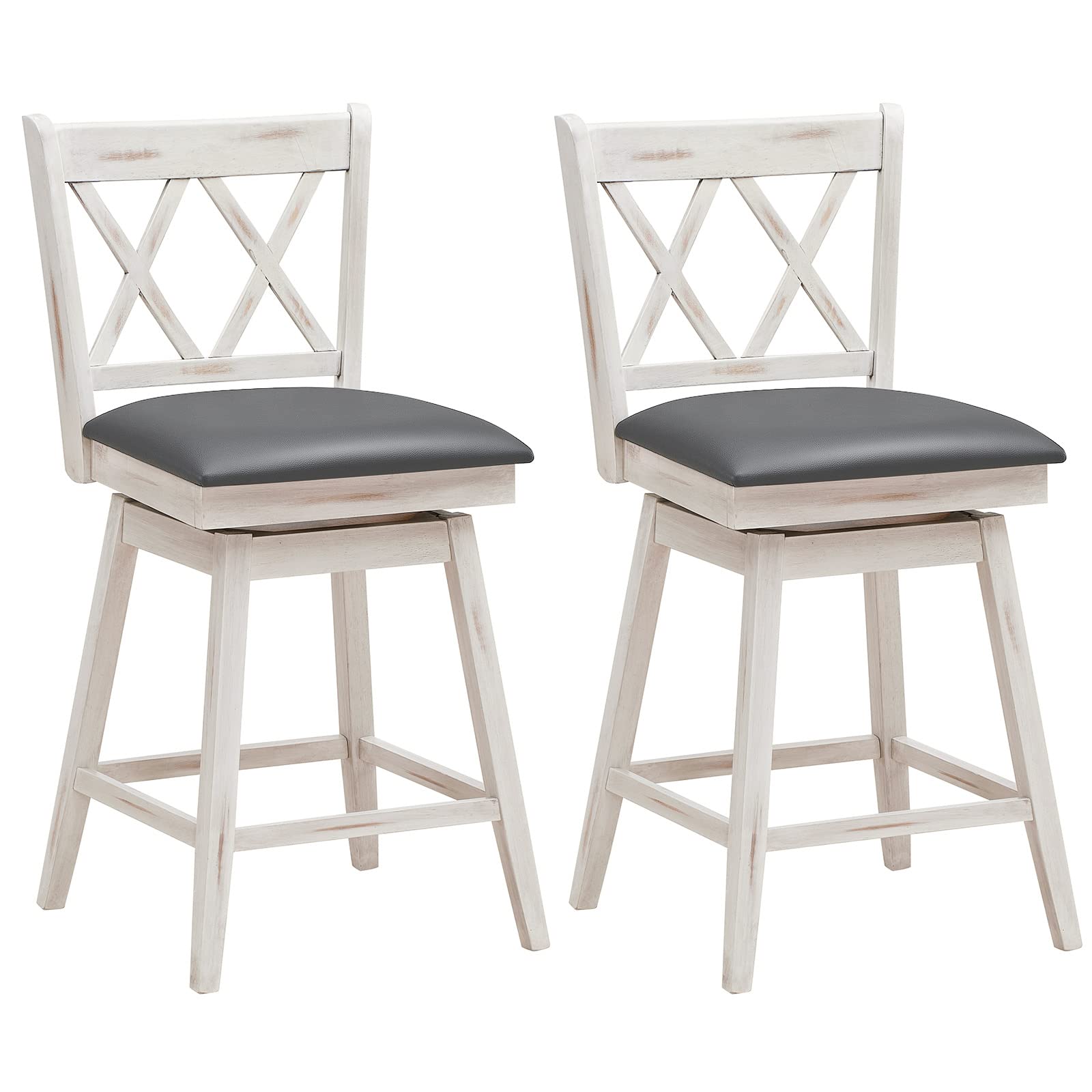 Costway Bar Stool Set Of 2, 360° Swivel Counter Height 25Inch Bar Stool With Foot Rest Upholstered Cushion & Ergonomic Backrest, Sturdy Frame, For Pub, Restaurant, Home (2, Antique White + Grey)