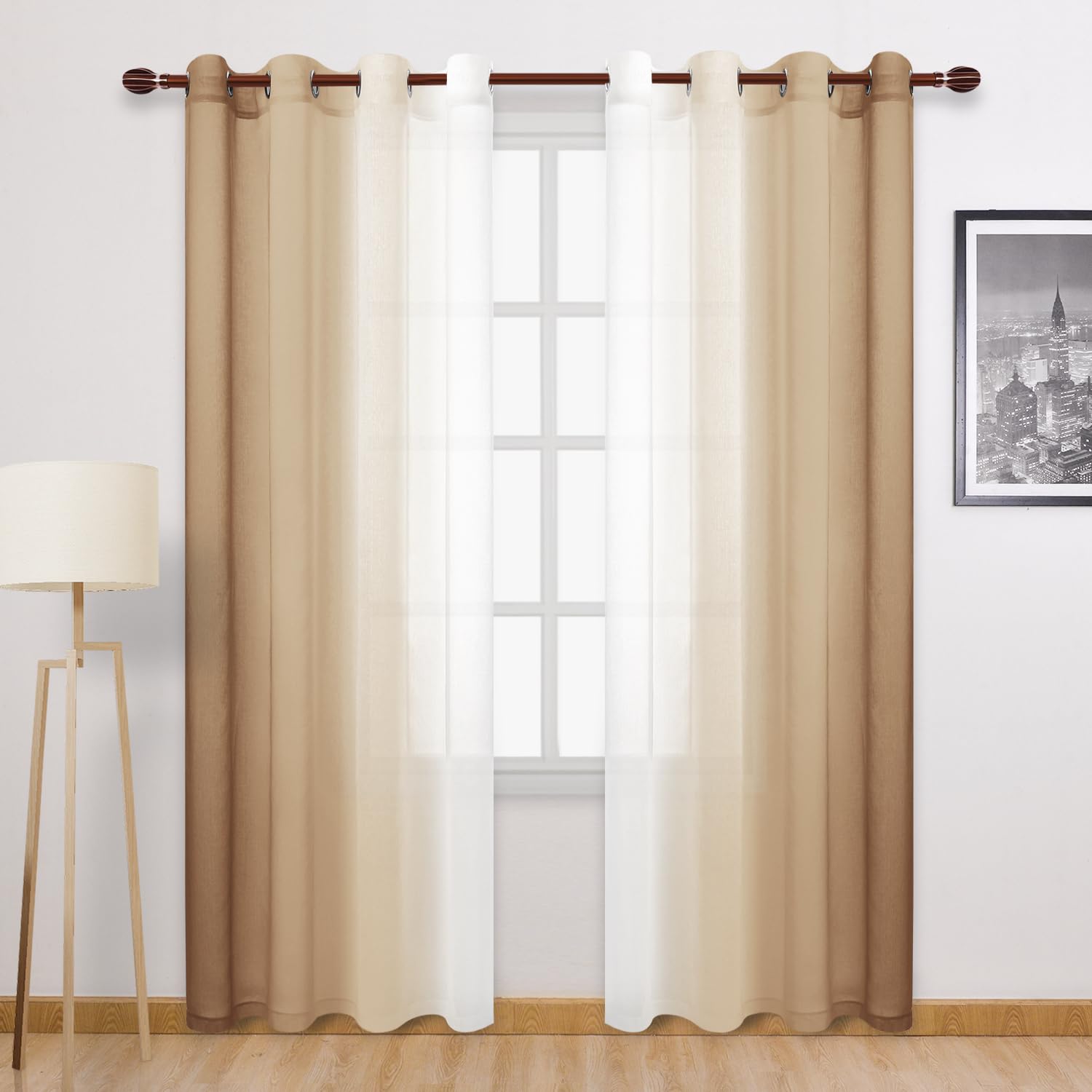 DWCN Taupe Faux Linen Ombre Sheer Curtains - Gradient Semi Voile Curtains for Bedroom and Living Room, Set of 2 Grommet Top Wind