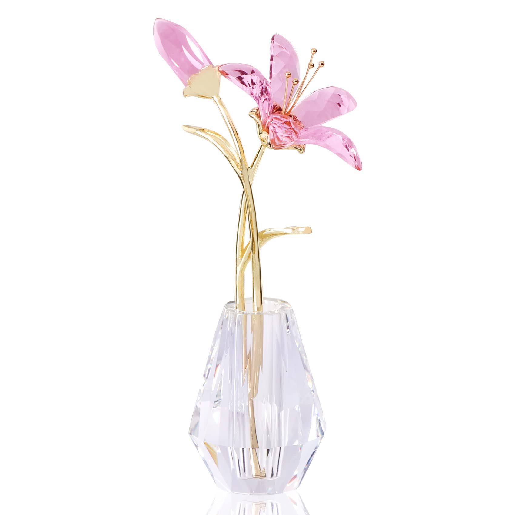 YWHL Crystal Lily Flower Figurine with Vase, Handmade Pink Lily Flower Gifts for Woman, Wedding Gifts for Couple, Home Party Dec