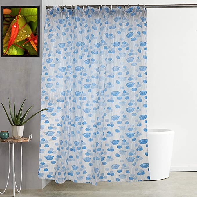 SHAVIN PVC Floral Print Bathroom Shower Curtains 7 Feet with 16 Rings (54 * 84 Inches)(Pack of 2)Blue Colour