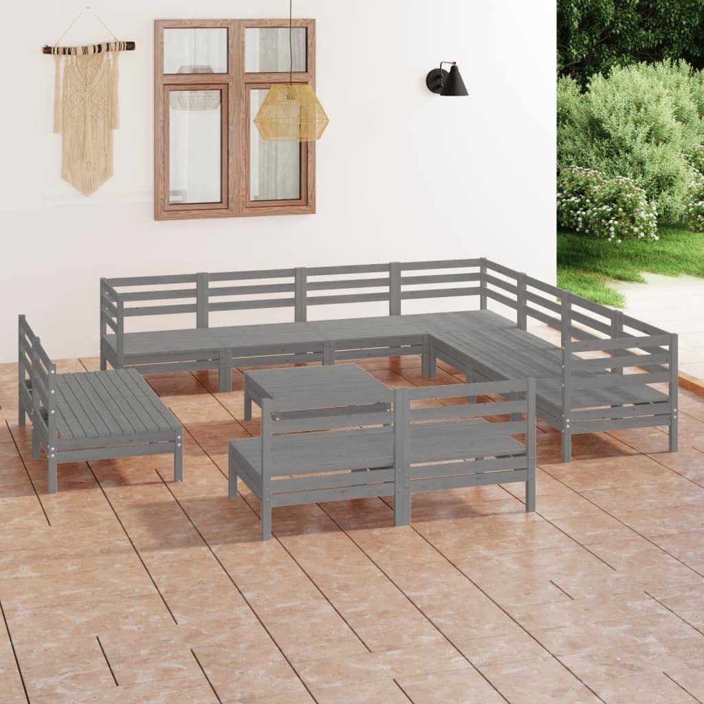 vidaXL Solid Pinewood Patio Lounge Set 12 Piece Garden Outdoor Terrance Backyard Furniture Set Wooden Lounge Sofa Seating Chair Seat Gray