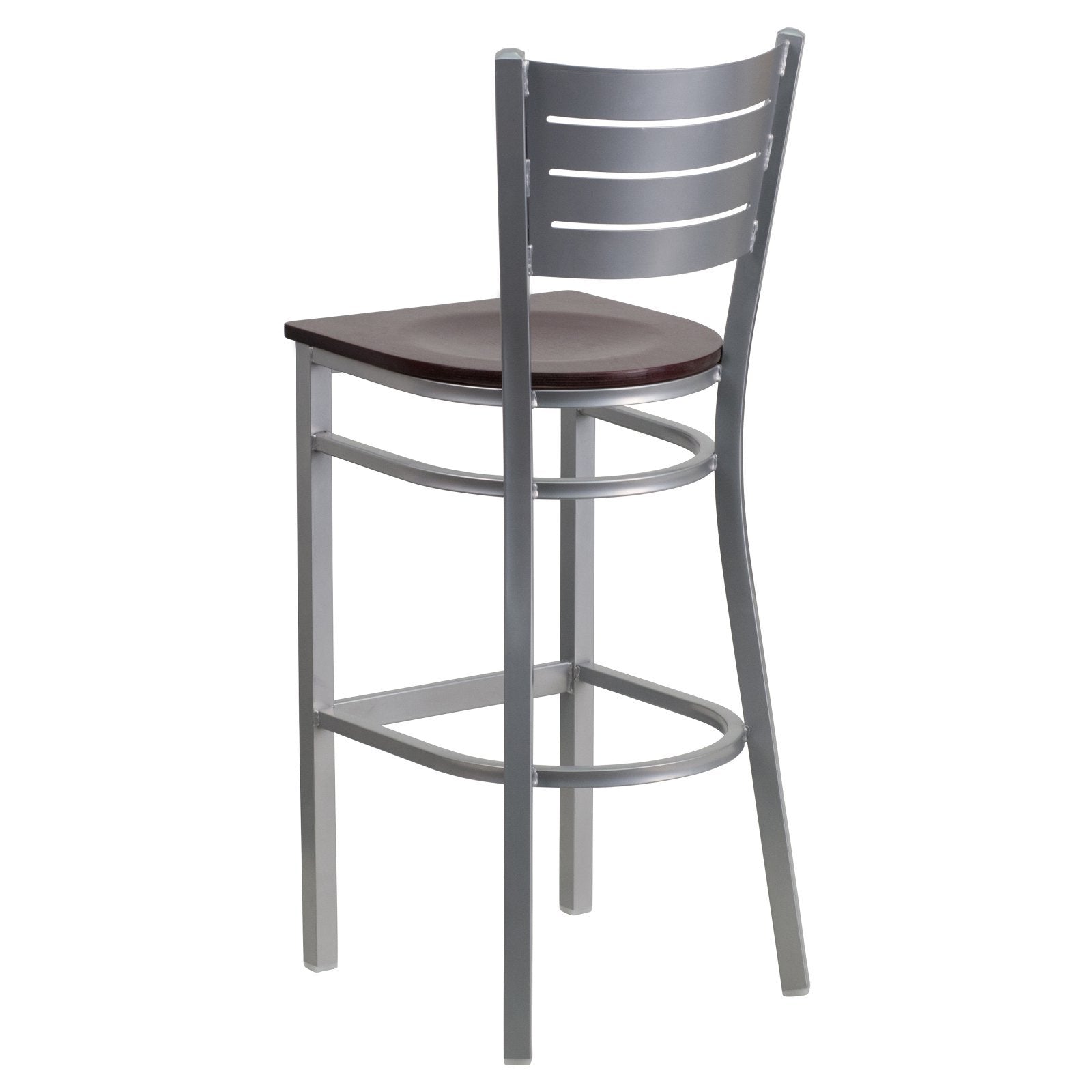 Flash Furniture HERCULES Series Silver Slat Back Metal Restaurant Barstool - Mahogany Wood Seat