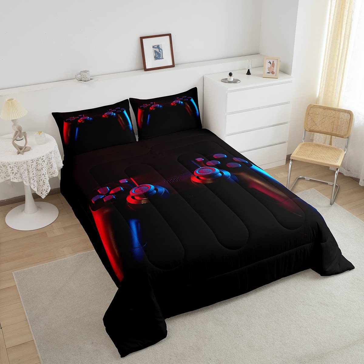 Gamer Comforter Set For Boys Girls Man Gaming Bedding Set,Black Gamepad Home Decor Player Video Game Duvet Insert Teens Kids 2 P