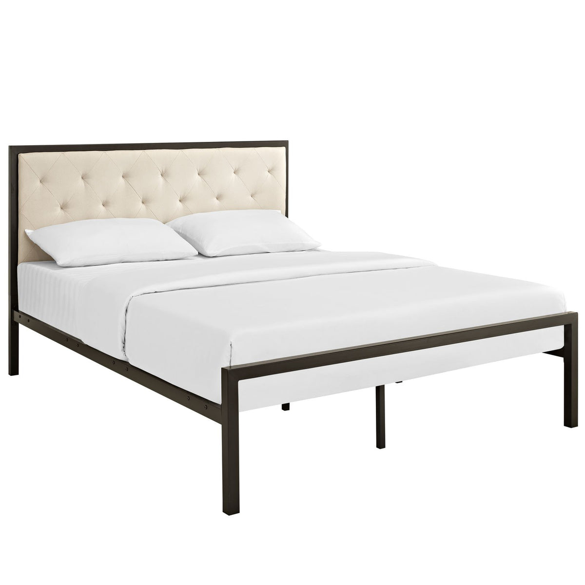 Modway Mia Upholstered Brown Beige Tufted Platform Bed With Metal Slat Support In Queen