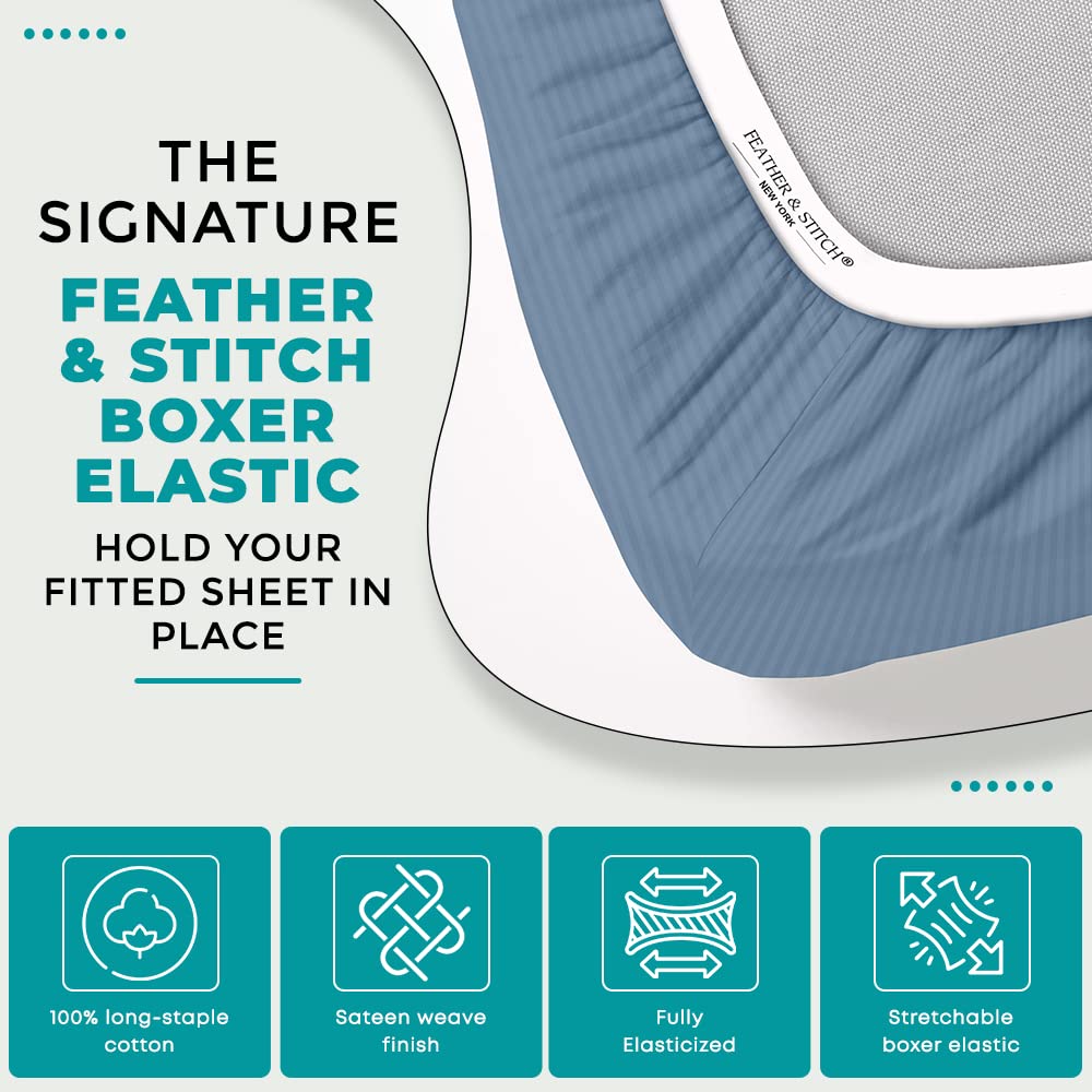 Feather & Stitch 100% Cotton 1 Piece Damask Stripe California King Fitted Sheet 500 Thread Count Blue 18 Inch Extra Deep Pocket Luxury Sateen Weave Stretchable Boxer Elastic Fits Mattress Perfectly