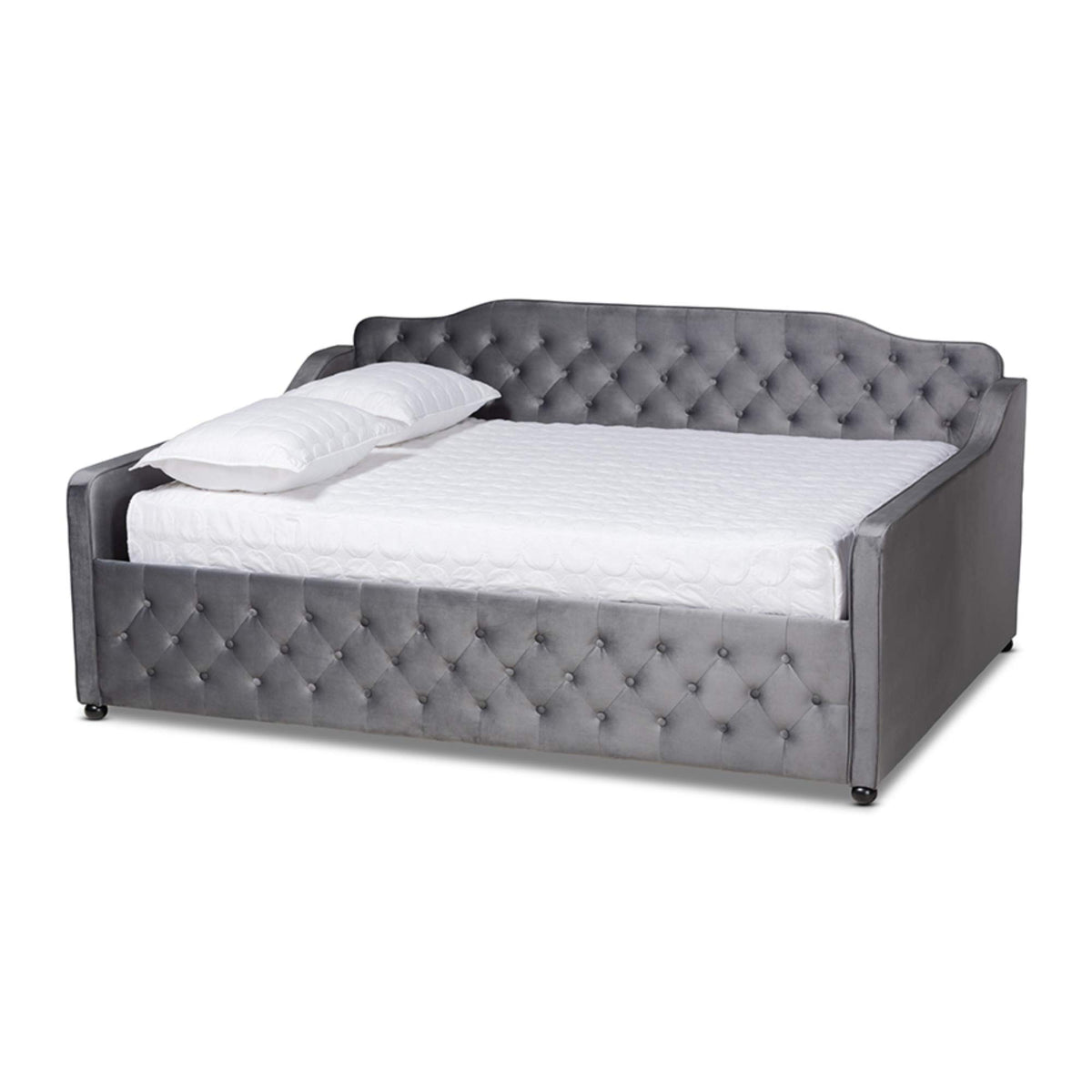 Baxton Studio Freda Transitional and Contemporary Grey Velvet Fabric Upholstered and Button Tufted Queen Size Daybed