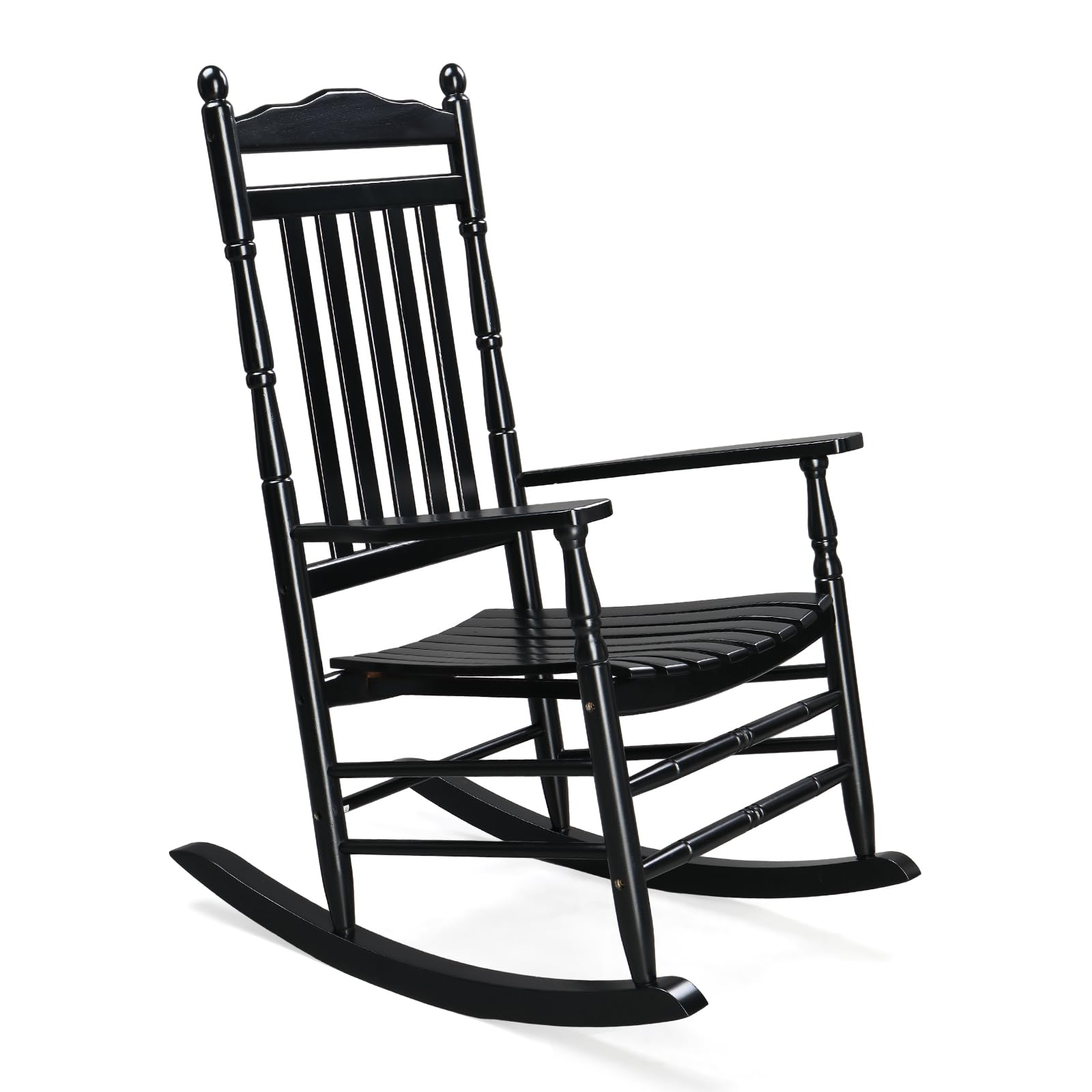 Vingli Wood Rocking Chair Outdoor With 450 Lbs Support Relaxing Rocker Solid Wood High Back Seat Reclining Seat For Deck, Garden, Backyard, Porch, Indoor Or Outdoor Use, Black