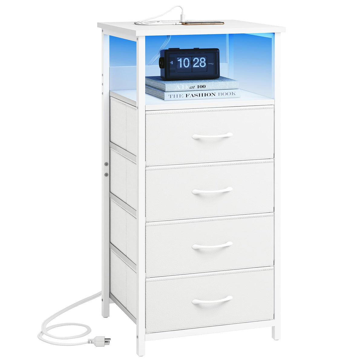 Fixwal Tall Nightstand with Charging Station, Night Stand with U-S-B Ports and Outlets, 4 Fabric Storage Drawers with PU Finish,