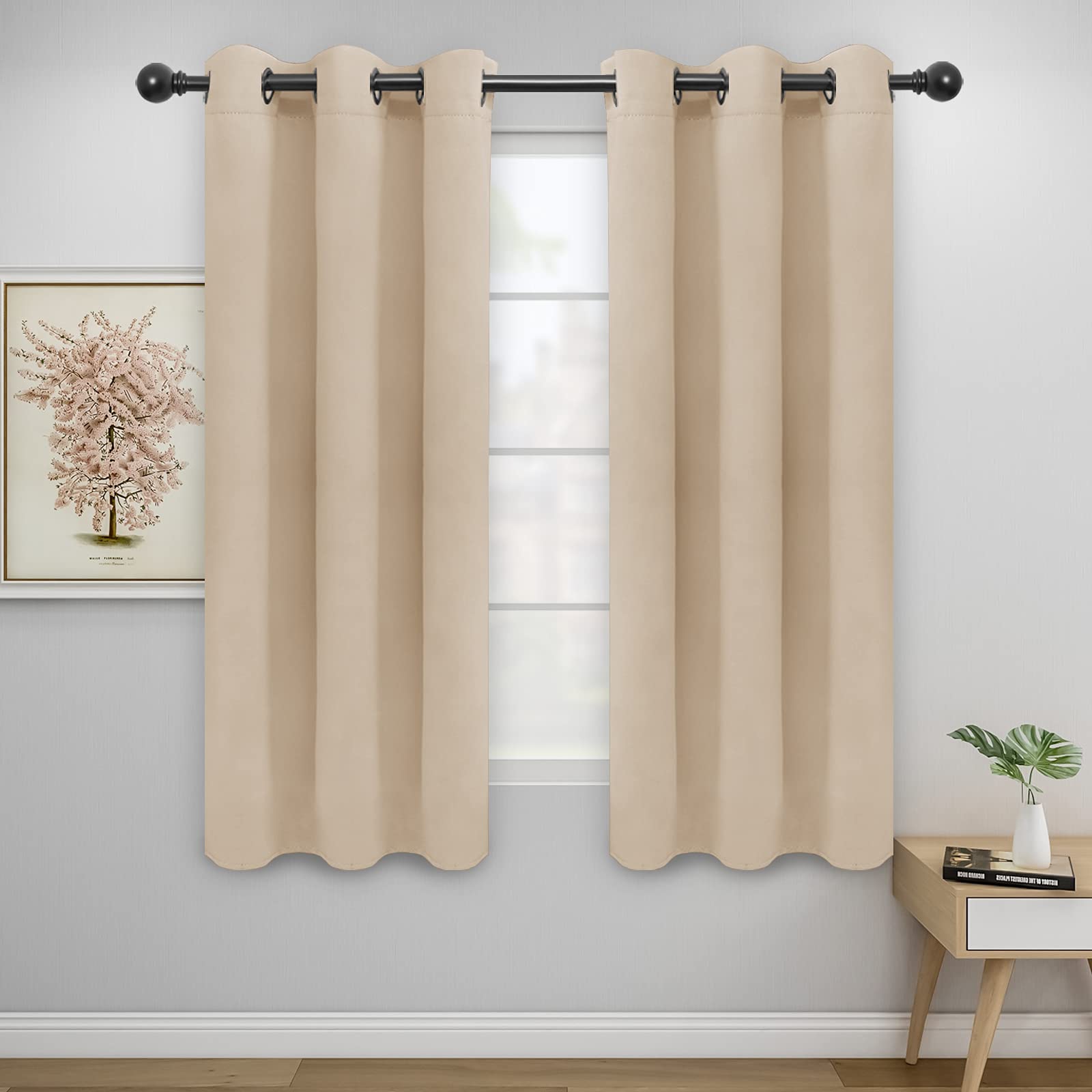 Easy-Going Blackout Curtains For Bedroom, Solid Thermal Insulated Grommet And Noise Reduction Window Drapes, Room Darkening Curtains For Living Room, 2 Panels(42X72 In, Beige)
