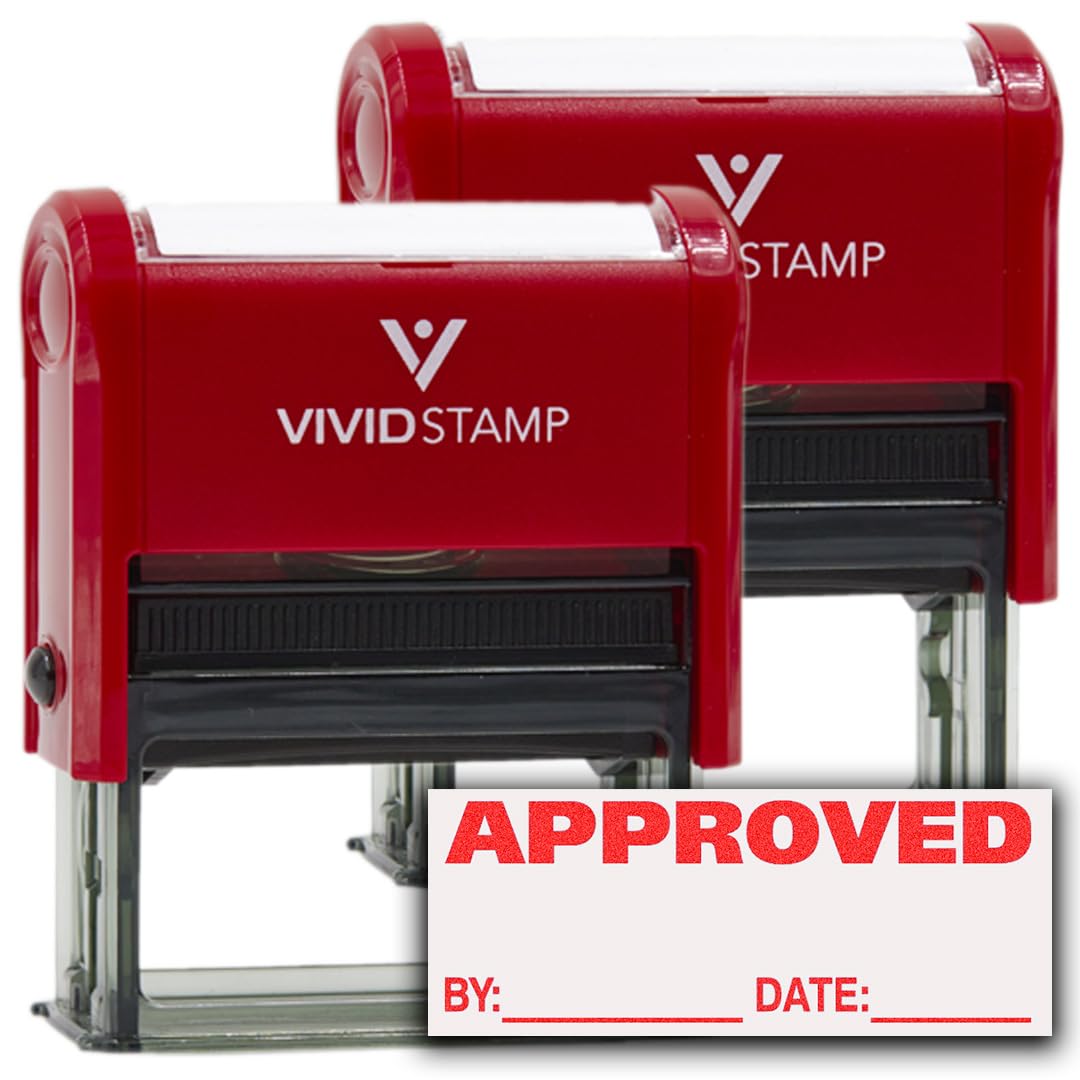 Approved W/By Date Line Self-Inking Office Rubber Stamp (Red) - Large 2 Pack