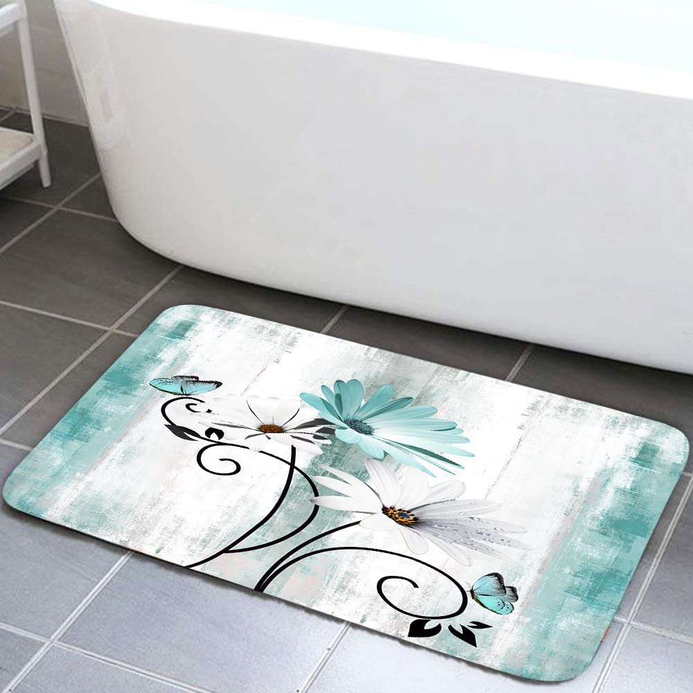 Rustic Farmhouse Bath Rug, Farm Teal Daisy Floral Flowers and Butterfly on Country Wooden Bath Mat Turquoise Blue Kitchen Rug Fl