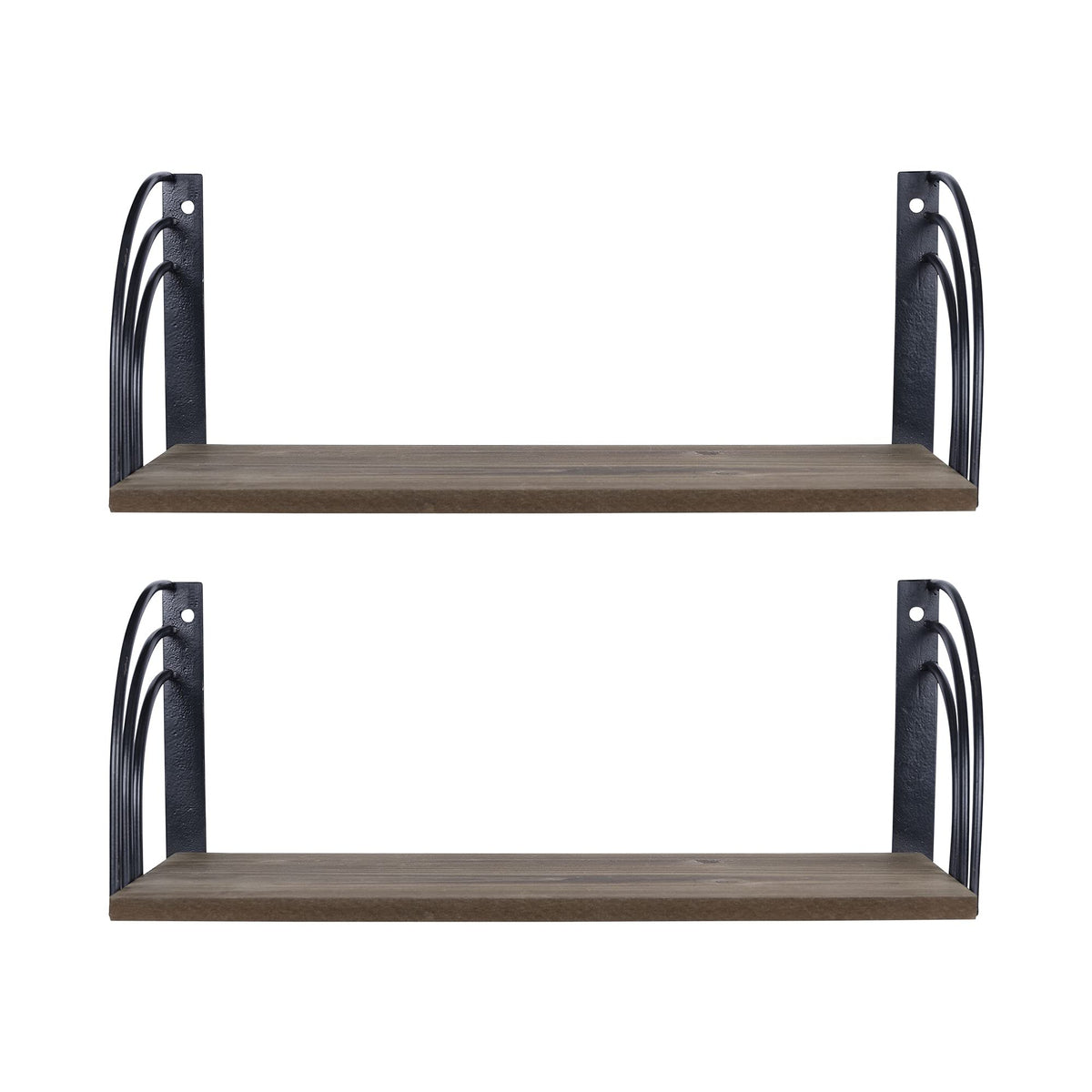 HomeRoots Black 70% MDF Wood Veneer 30% Metal Set of Two Arched Wooden Floating Wall Shelves