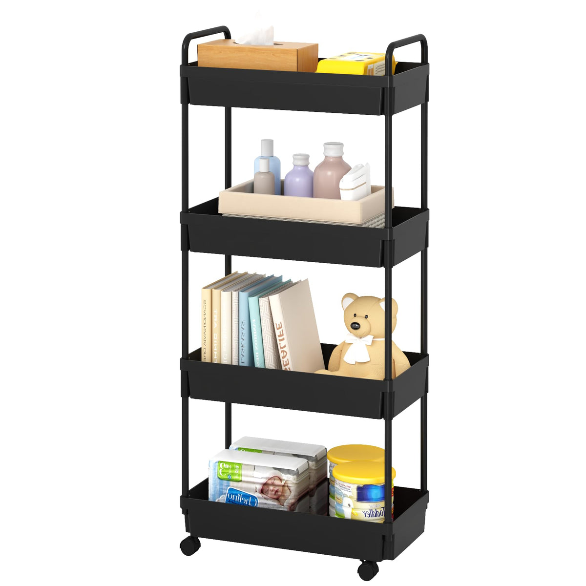 Kaitiemoo 4-Tier Storage Cart,Shelf Organizer Mobile Shelving ,Utility Rolling Cart,Multifunction Movable Storage Organizer With