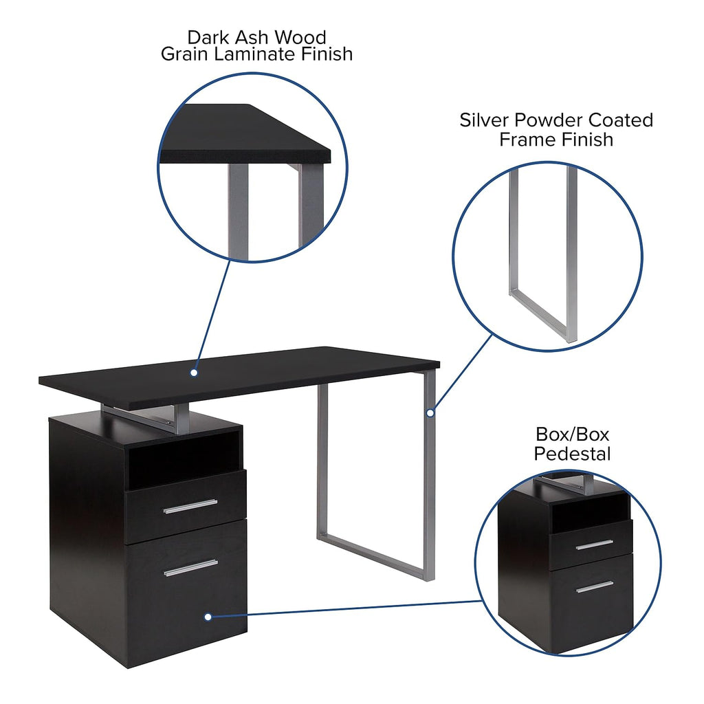 Flash Furniture Harwood Dark Ash Wood Grain Finish Computer Desk With Two Drawers And Silver Metal Frame