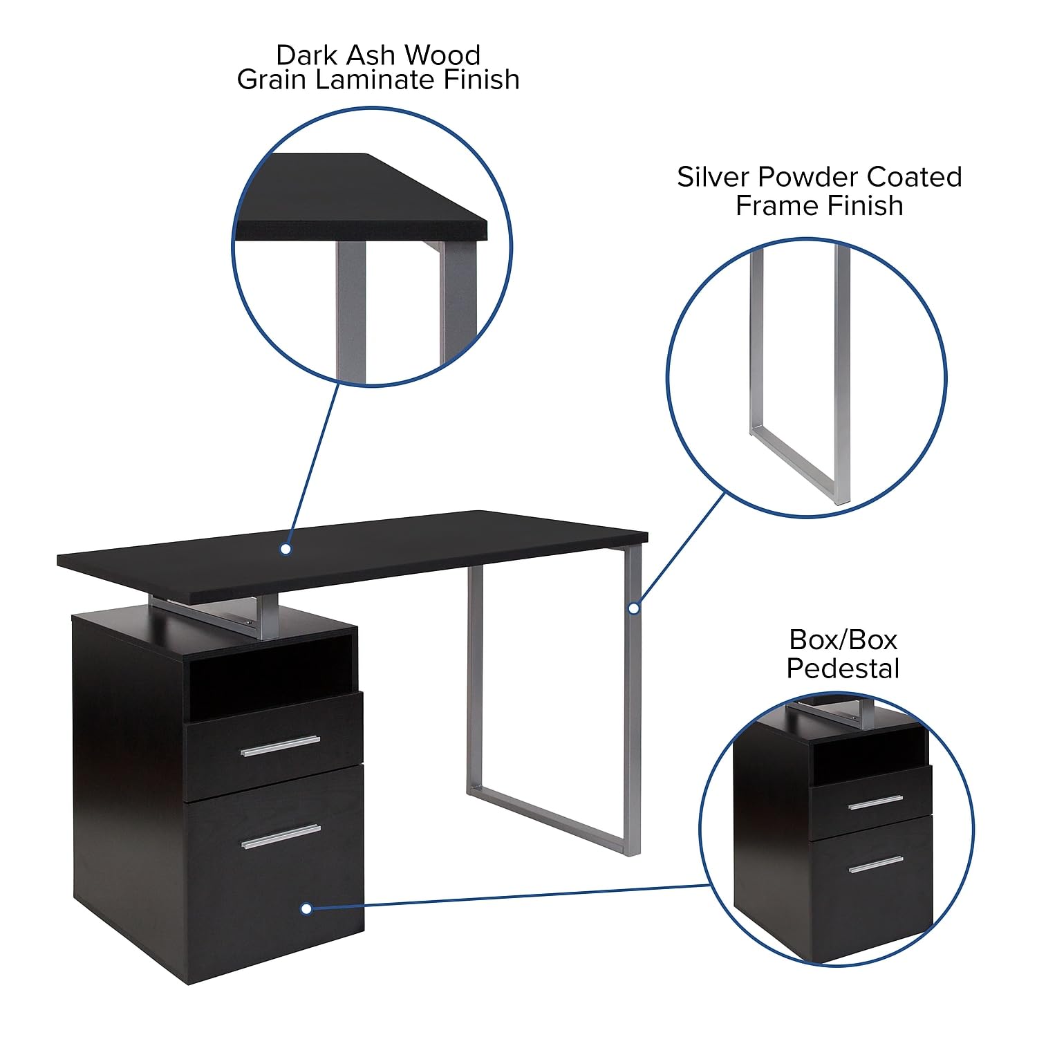 Flash Furniture Harwood Dark Ash Wood Grain Finish Computer Desk With Two Drawers And Silver Metal Frame