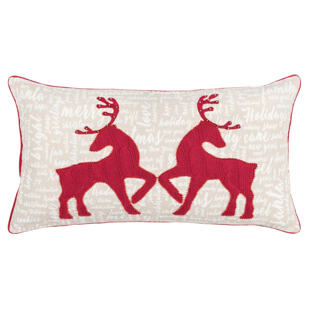 Rizzy Home Deer 14&quot; x 26&quot; Down Filled Pillow with Natural Cotton Duck Cover-Red