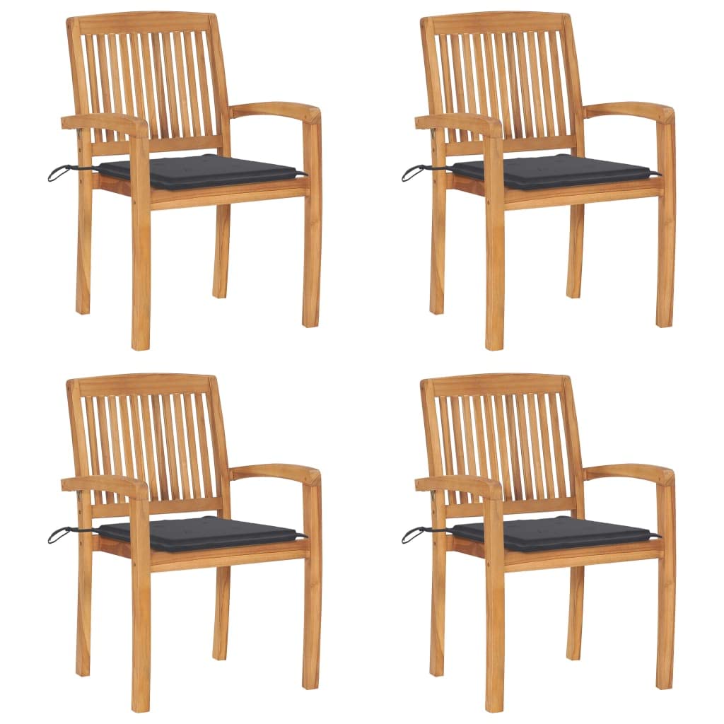 vidaXL Stacking Patio Chairs Set of 4 - Comfortable Seating with Cushions - Made from Weather-Resistant and Durable Solid Teak Wood - Suitable for Indoor and Outdoor Use - Natural Finished