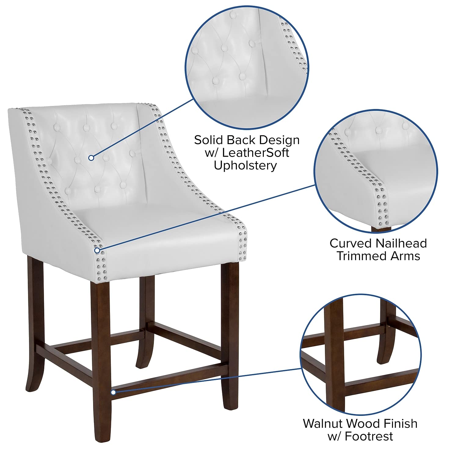 Flash Furniture Carmel Series 24&quot; High Transitional Tufted Walnut Counter Height Stool With Accent Nail Trim In White Leathersoft