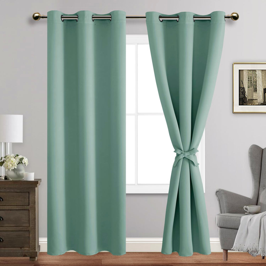 Jiuzhen Light Sage Blackout Curtains With Tiebacks Thermal Insulated, Light Blocking And Noise Reducing Grommet Curtains For And Living Room, Set Of 2 Window Curtain Panels, 42 X 84 Inch Length