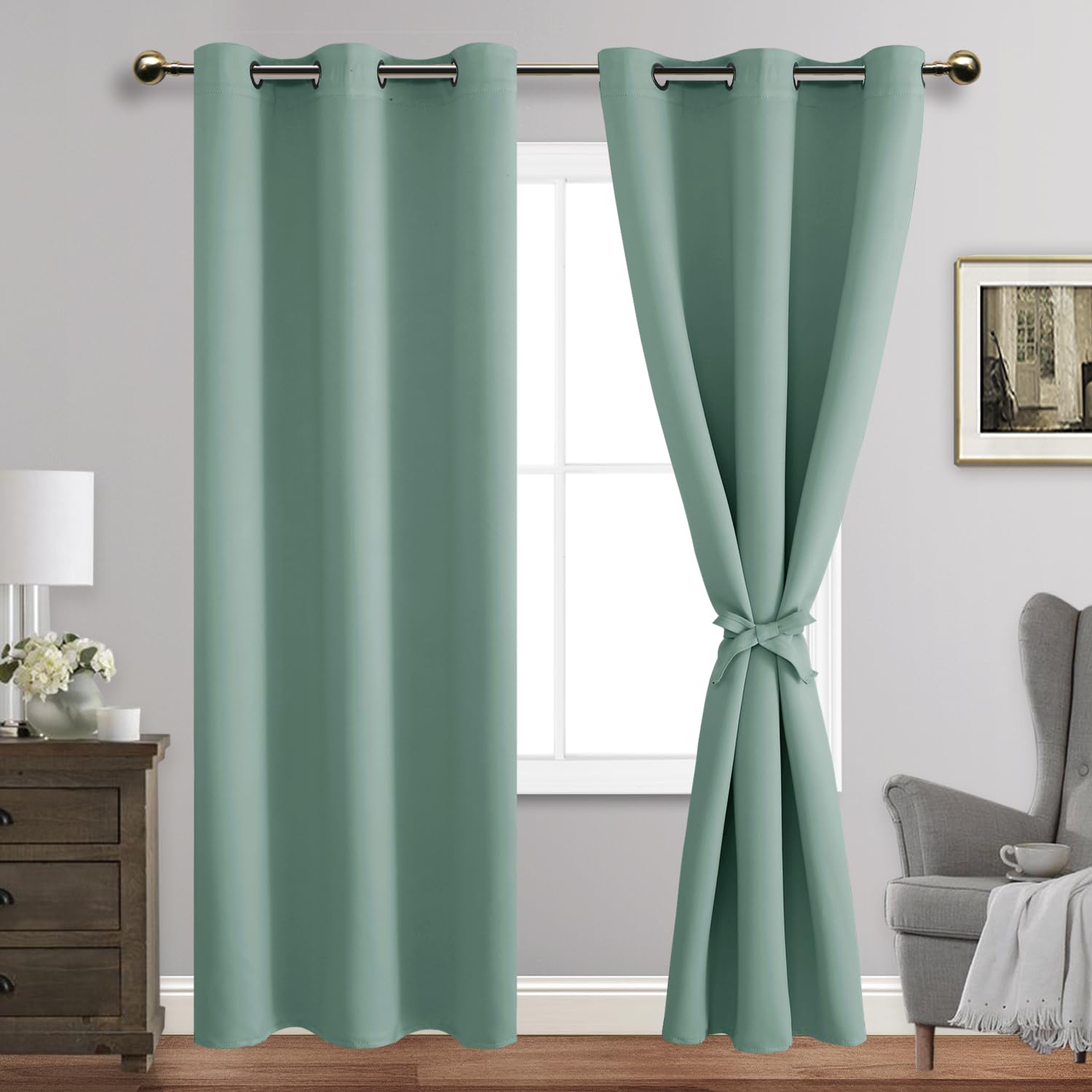 Jiuzhen Light Sage Blackout Curtains With Tiebacks Thermal Insulated, Light Blocking And Noise Reducing Grommet Curtains For And Living Room, Set Of 2 Window Curtain Panels, 42 X 84 Inch Length
