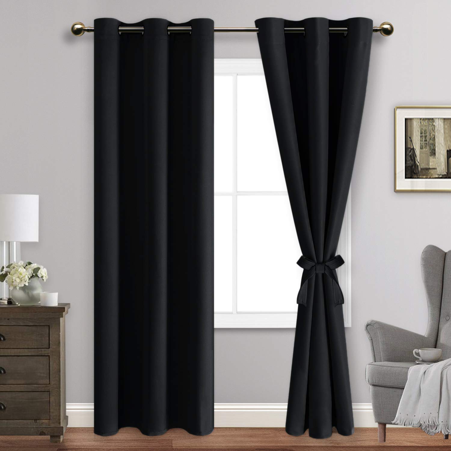 Jiuzhen Black Blackout Curtains With Tiebacks - Thermal Insulated, Light Blocking And Noise Reducing Grommet Curtain Drapes For Bedroom And Living Room, Set Of 2 Panels, 42 X 84 Inches Long