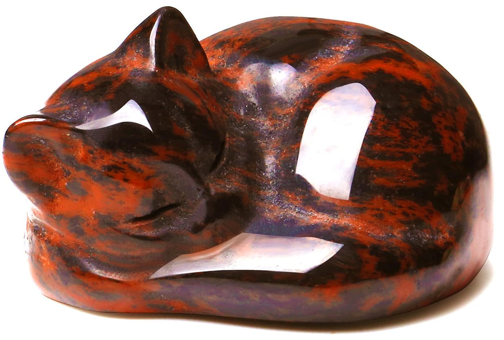 QINJIEJIE Red Obsidian Cat Crystals Decor Sleeping Cat Statue Healing Stone Decors Gift Pocket Polished Gemstones Figurine Offic