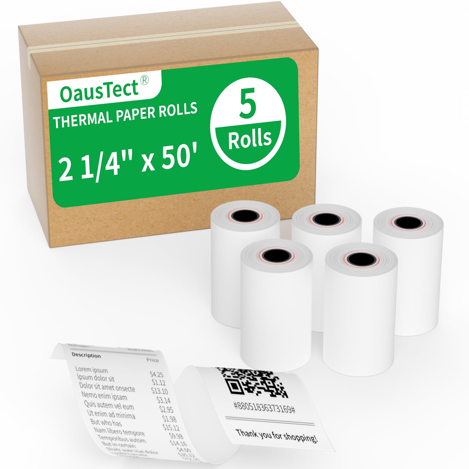 Thermal Paper Rolls 2.25 X 50 Ft, 5 Rolls Credit Card Paper Thermal 2 1/4' X 50', Premium Receipt Papers Fits All 58Mm Mini Pos