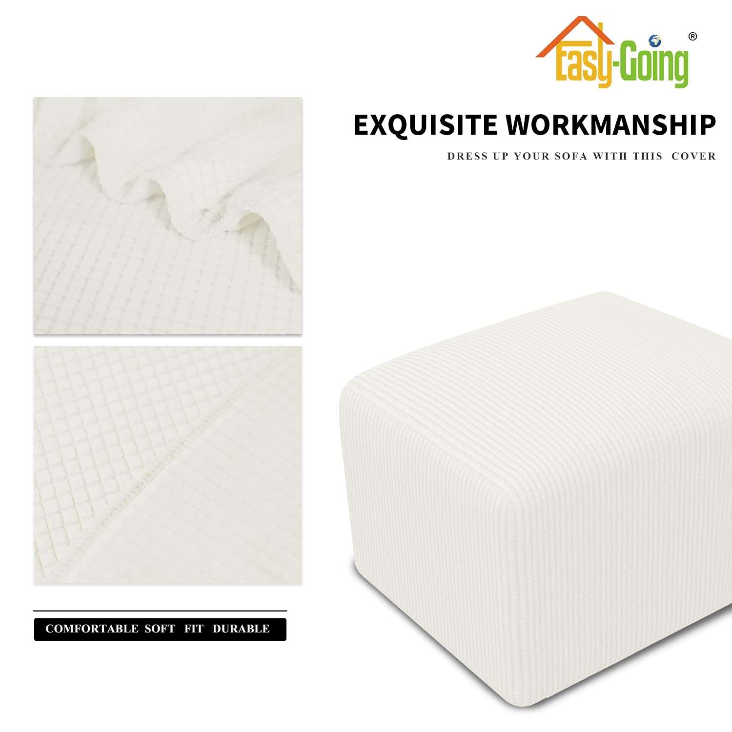 Easy-Going Stretch Square Ottoman Cover Folding Storage Stool Furniture Protector Soft Rectangle Slipcover With Elastic Bottom (15X15X15Inch, Cream) X-Small