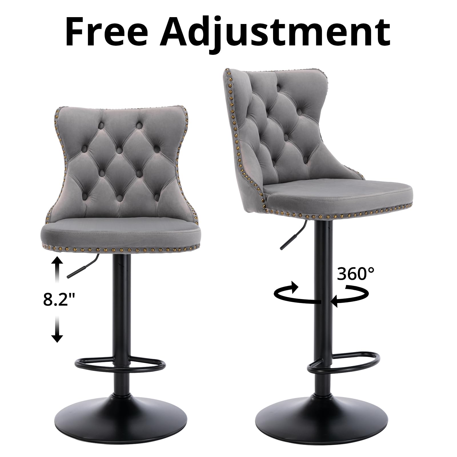 Swivel Bar Stools Set Of 2, Adjustable Counter Height Barstools With Nailheads Trim, Button Tufted Back And Black Footrest, Velvet Upholstered Bar Chairs For Dining Room Home Bar Kitchen Island, Gray