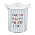 Qskjre Boho Nursery Laundry Basket, Im So Happy Youre Here Light Blue Striped Laundry Hamper Waterproof Storage Bin Organizer 