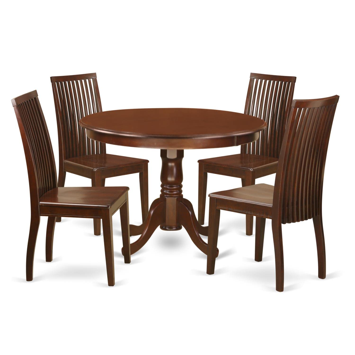 East West Furniture Hlip5-Mah-W 5 Piece Dining Room Table Set Includes A Round Dining Table With Pedestal And 4 Wood Seat Chairs, 42X42 Inch, Mahogany