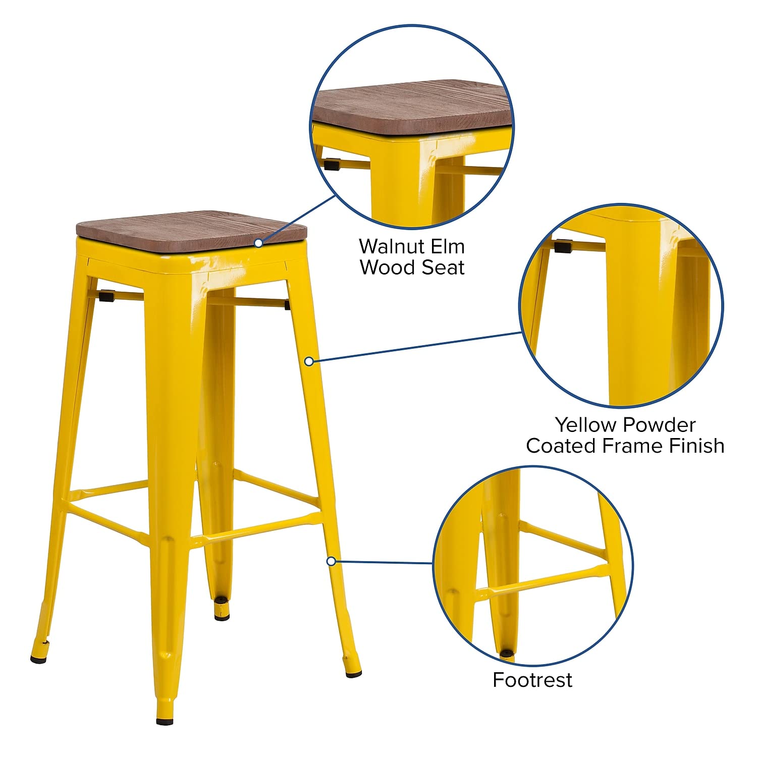 Flash Furniture Lily 30&quot; High Backless Yellow Metal Barstool with Square Wood Seat