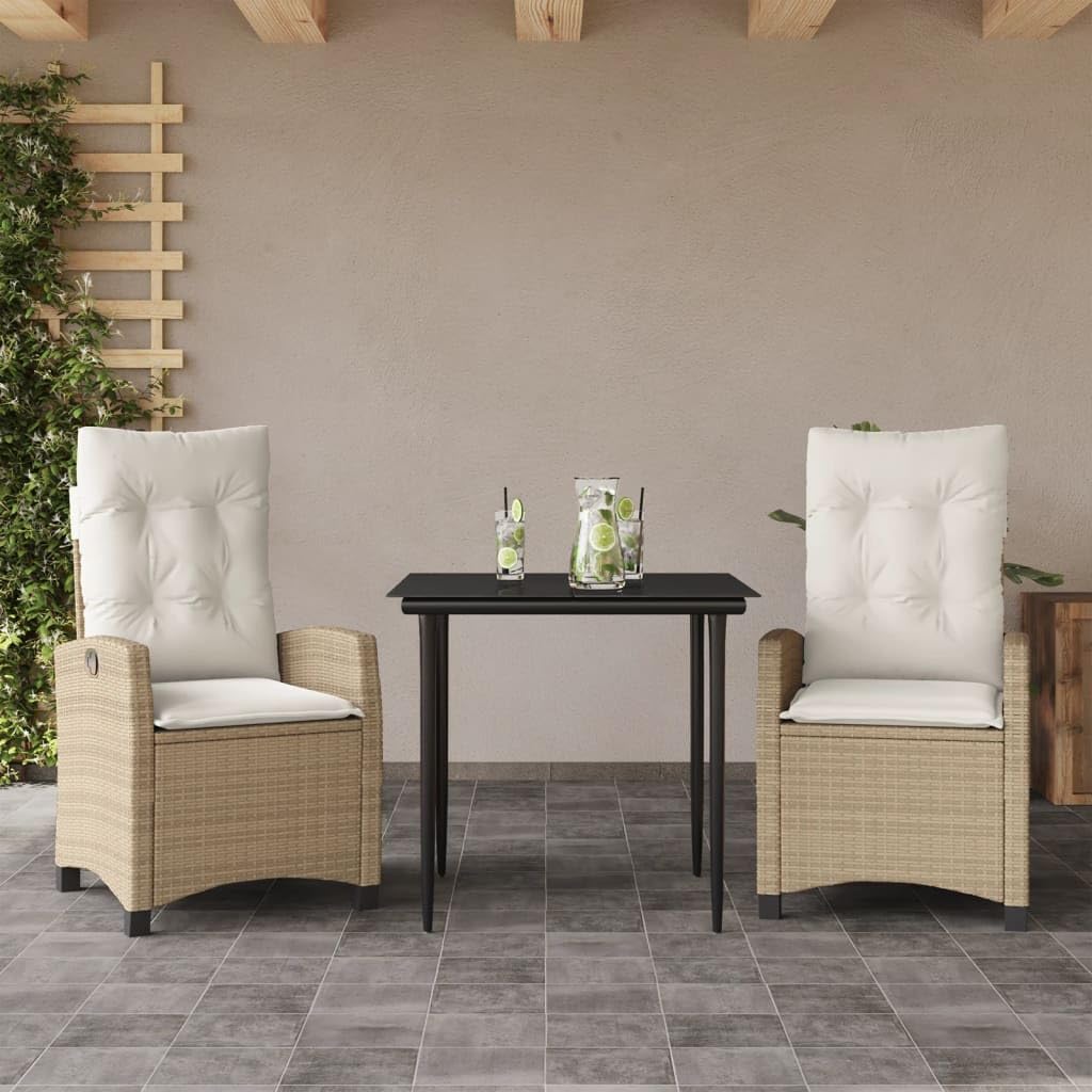 vidaXL 7 Piece Patio Dining Set - Beige Poly Rattan with Cushions - Adjustable Backrest Reclining Chairs - Black Tempered Glass Table - Outdoor/Garden/Backyard/Patio Furniture