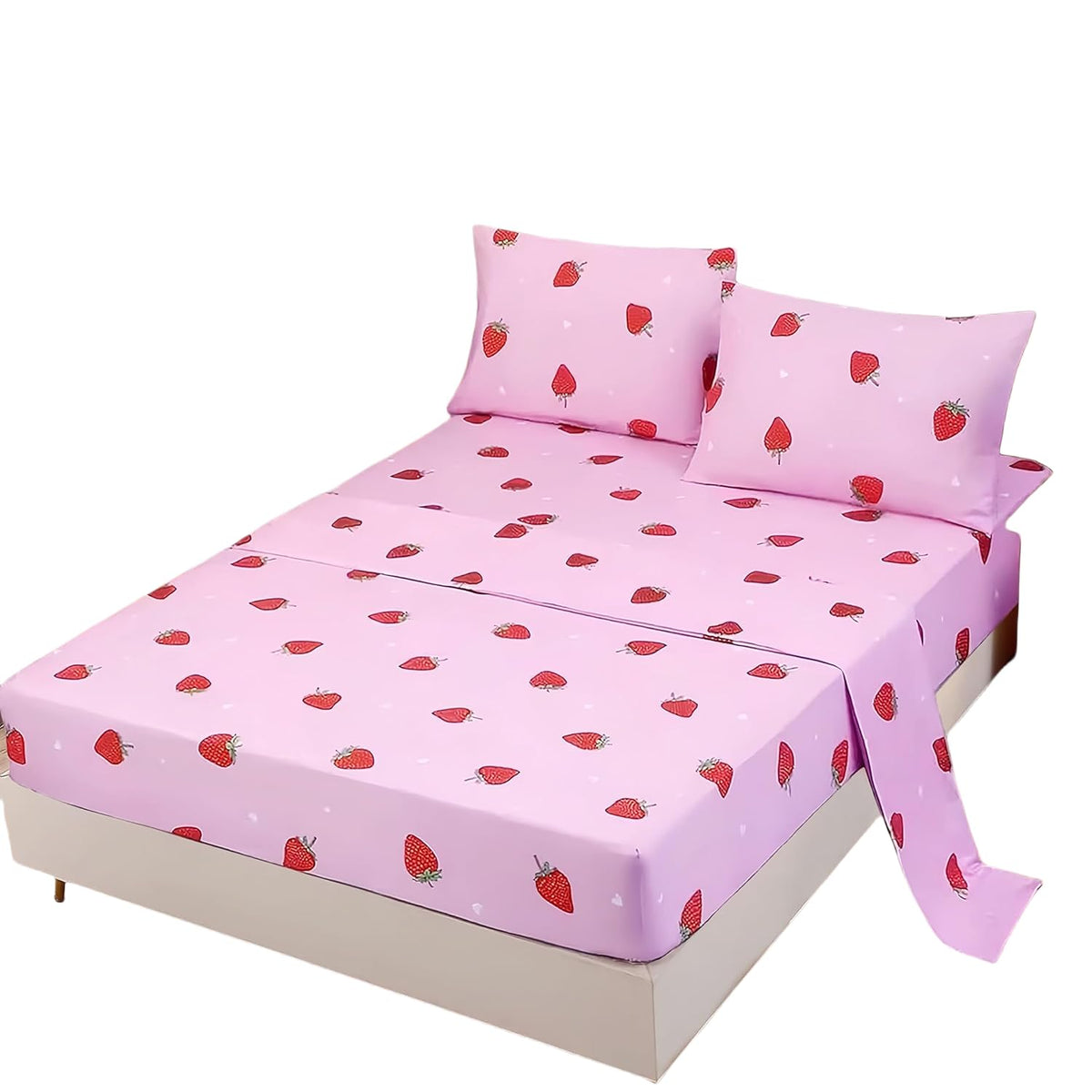 Sdy 4Pcs Strawberry Bedding Sheets,Queen Size Red And Pink Strawberry Print Sheet Set With 1 Kawaii Top Flat Sheet + 1 Deep Pock