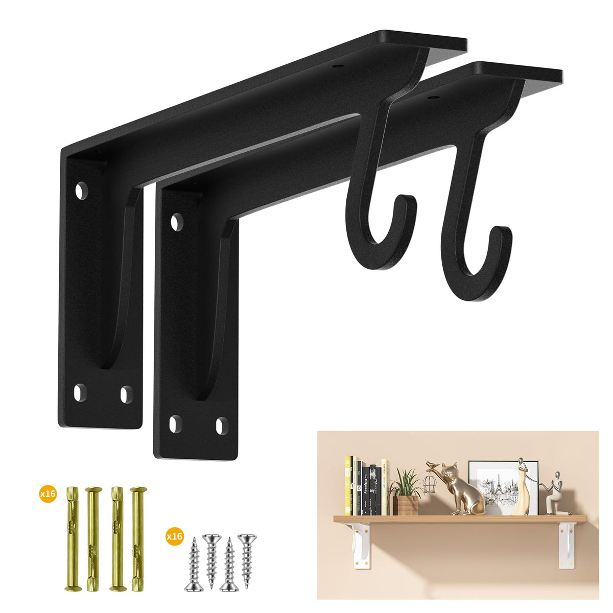 Closet Rod Bracket Heavy Duty Support 400 lbs Capacity (Black 2pack)