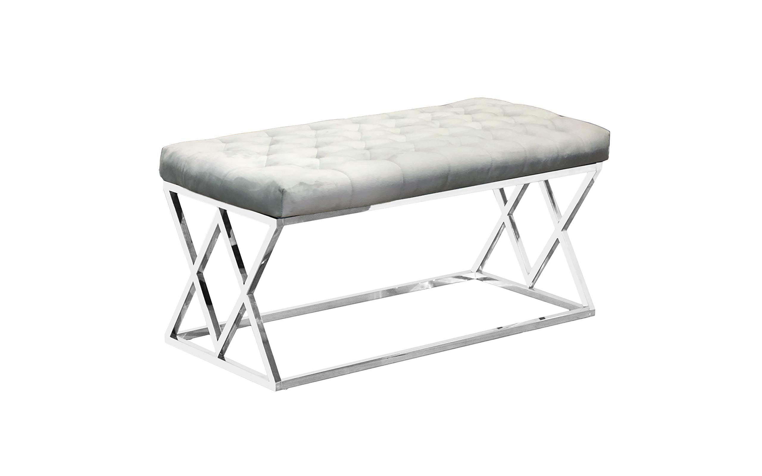 Best Master Furniture Emilio Velour Tufted Bench With Stainless Steel Frame, Grey