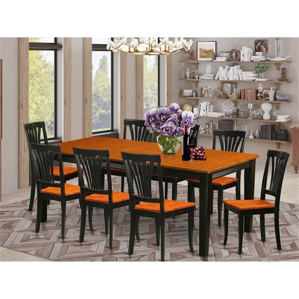East West Furniture QUAV9-BCH-W 9 Piece Dining Table Set Includes a Rectangle Dining Room Table with Butterfly Leaf and 8 Wood Seat Chairs, 40x78 Inch, Black & Cherry