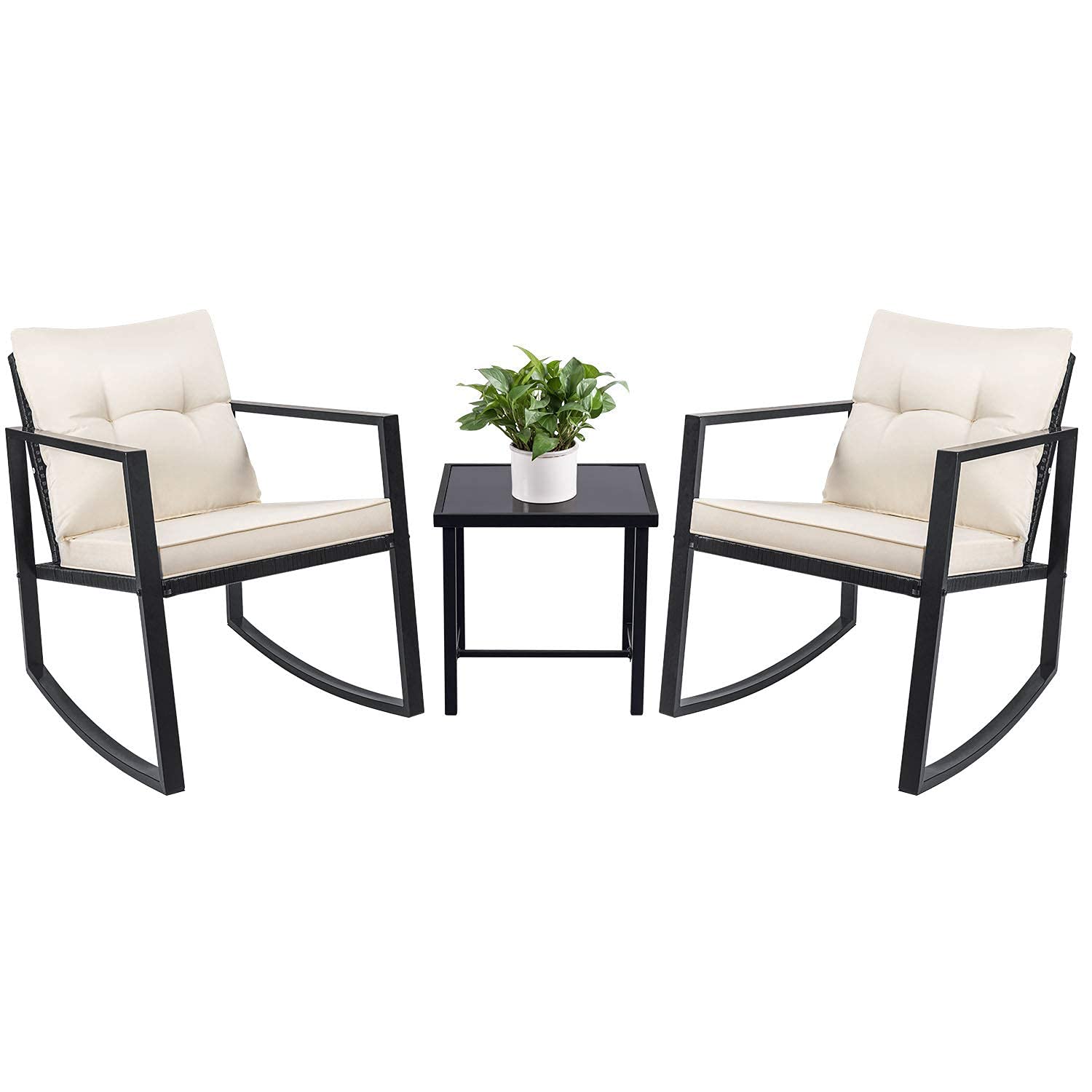 Devoko 3 Piece Rocking Bistro Set Wicker Patio Outdoor Furniture Porch Chairs Conversation Sets With Glass Coffee Table (Beige)